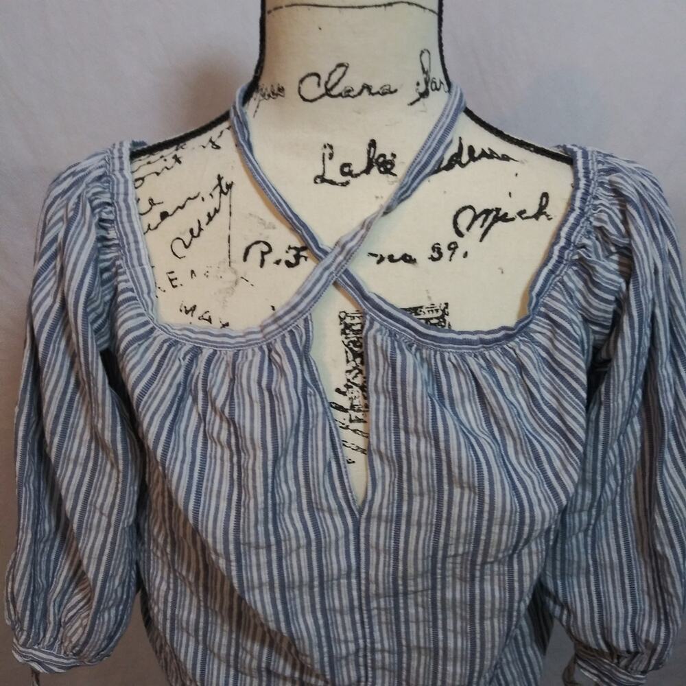 Rebecca Taylor Striped Blue Cotton Peasant Top Boho Size 4 - Picture 2 of 8